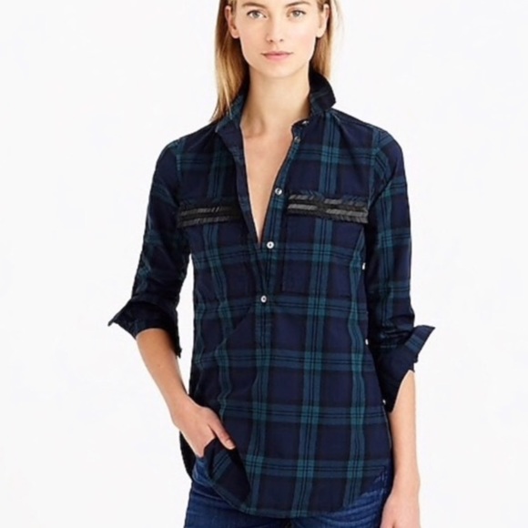 J. Crew Tops - J. Crew Green Plaid Beaded Popover